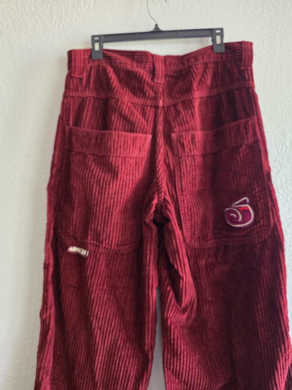 JNCO Men's Red Corduroy Carpenter Pants with Patch Detail
